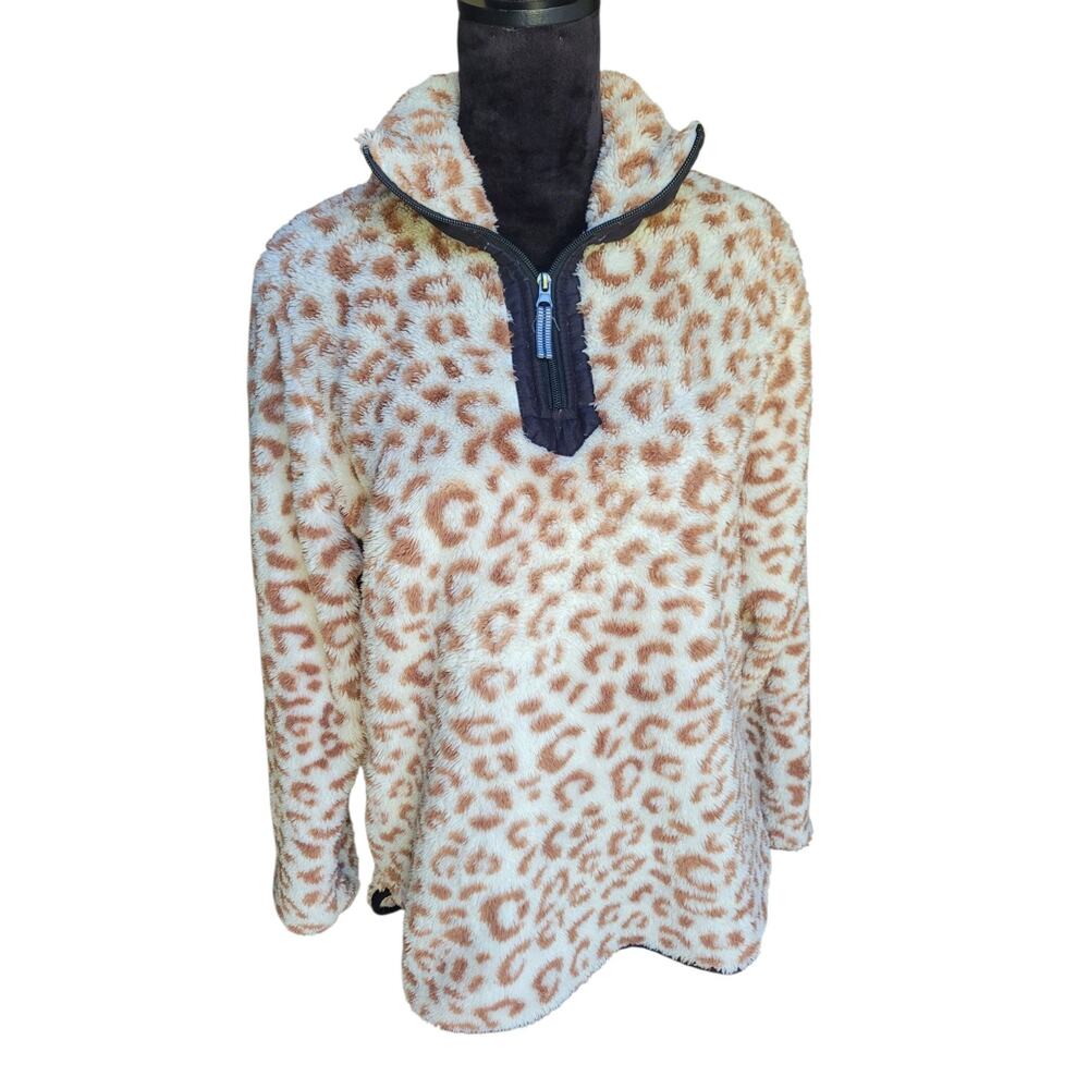 Simply Southern Women's L Leopard Sherpa Pullover Quarter Zip Fleece Tan Cream